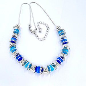 NWOT - Blue & Turquoise Cats Eye Beaded Shiny Silver Tone 16” Necklace